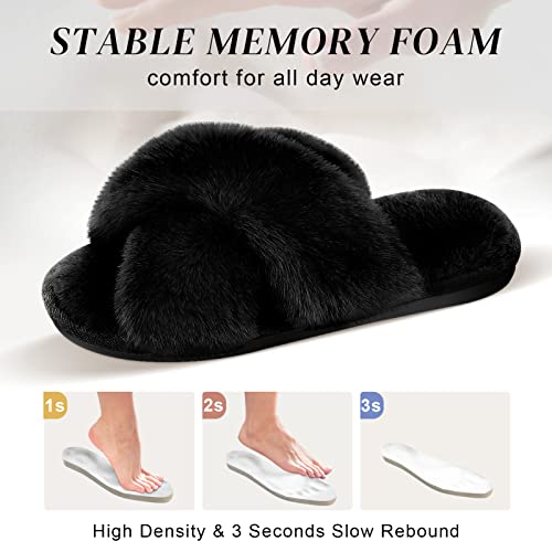Parlovable Women's Cross Band Slippers Fuzzy Soft House Slippers Plush Furry Warm Cozy Open Toe Fluffy Home Shoes Comfy Indoor Outdoor Slip On Breathable Black 7-8 - Image 3