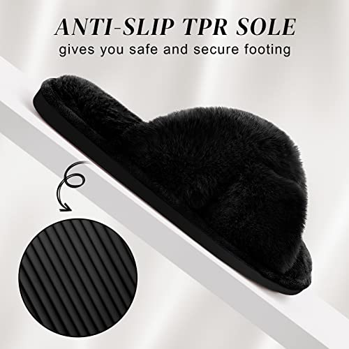 Parlovable Women's Cross Band Slippers Fuzzy Soft House Slippers Plush Furry Warm Cozy Open Toe Fluffy Home Shoes Comfy Indoor Outdoor Slip On Breathable Black 7-8 - Image 4
