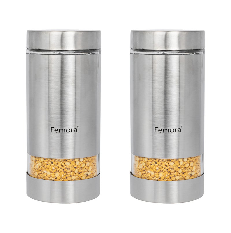 Femora Metallic Clear Glass Jars | See Through Window Jar | 1 Year Warranty | Airtght | Jars for Snacks, Fry Food, Masala, Spice, Pickles, Cookies |1300 ML | Set Of 2 | Silver - Image 1