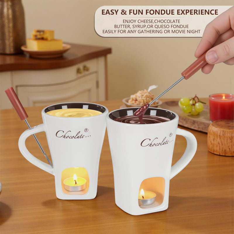 daslich Fondue Pot Cup Set, Chocolate Melting Fondue Mugs with 2 Forks & 4 Tealights, Mini White Ceramic Fondue Set for Cheese, Marshmallows, Sweet Fondue Cup for Date Night, Party, Wedding, or Holiday Gift - Image 4