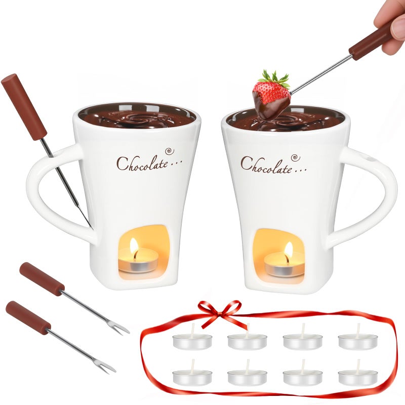 daslich Fondue Pot Cup Set, Chocolate Melting Fondue Mugs with 2 Forks & 4 Tealights, Mini White Ceramic Fondue Set for Cheese, Marshmallows, Sweet Fondue Cup for Date Night, Party, Wedding, or Holiday Gift - Image 1