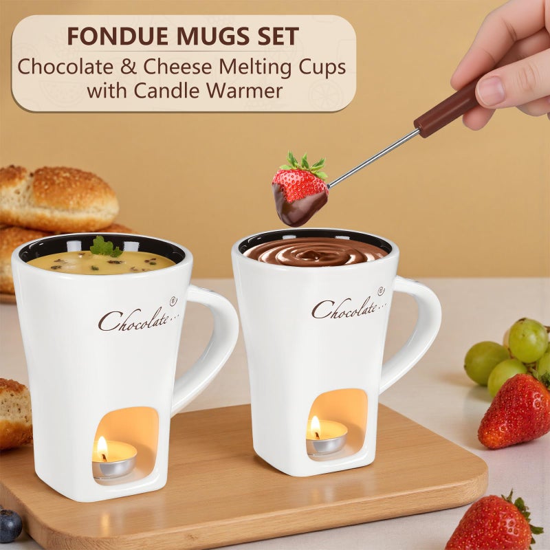 daslich Fondue Pot Cup Set, Chocolate Melting Fondue Mugs with 2 Forks & 4 Tealights, Mini White Ceramic Fondue Set for Cheese, Marshmallows, Sweet Fondue Cup for Date Night, Party, Wedding, or Holiday Gift - Image 2