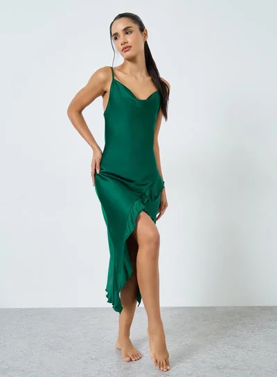 Styli Styli Satin Cowl Neck Thigh High Slit Slip Dress