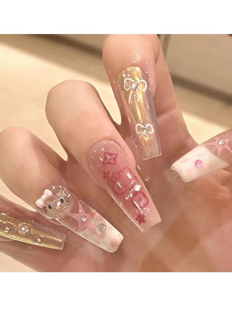 general Purely hand-made wearable nails hello kitty cute cat sweet summer atmosphere nail art medium and long nail patches - Image 1