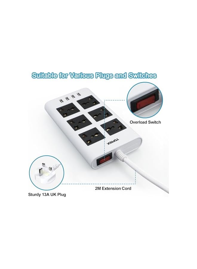 PROMASS Power Strip with USB Slots, TOPERK 6 Way Extension Lead Outlets with 6 Smart Electrical Sockets & 4 USB Ports, 2M Extension Cord & 1 Switch, 3250W/13A, Extension Cord for Home Office, White  - Image 5