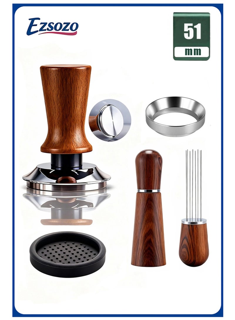 EZSOZO 51mm Espresso Accessories Kit，304 Stainless Steel 30 lb Spring Loaded Calibrated Espresso Tamper，WDT Tool Espresso and Dosing Funnel Set Tamper Mat，Espresso Tamper Solid Wooden Handle， Fits Delonghi 51 mm Espresso Machines - Image 1