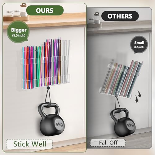 Malldii 9.5” Large Acrylic Straw Holder for Cabinet Door - Reusable Tumbler Straw Organizer Storage, Small Kitchen Accessories Container, Ultra Sticky Cupboard Door Mounted (Transparent) - Image 3