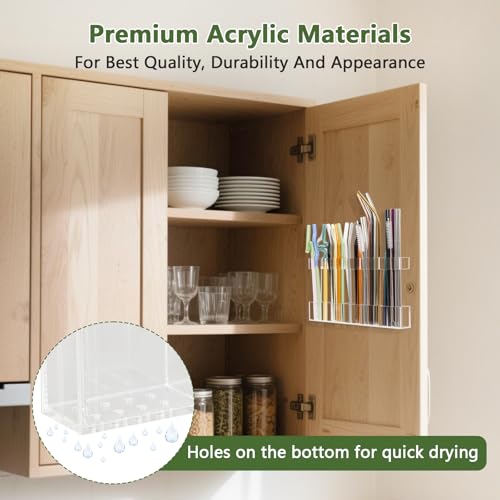 Malldii 9.5” Large Acrylic Straw Holder for Cabinet Door - Reusable Tumbler Straw Organizer Storage, Small Kitchen Accessories Container, Ultra Sticky Cupboard Door Mounted (Transparent) - Image 2