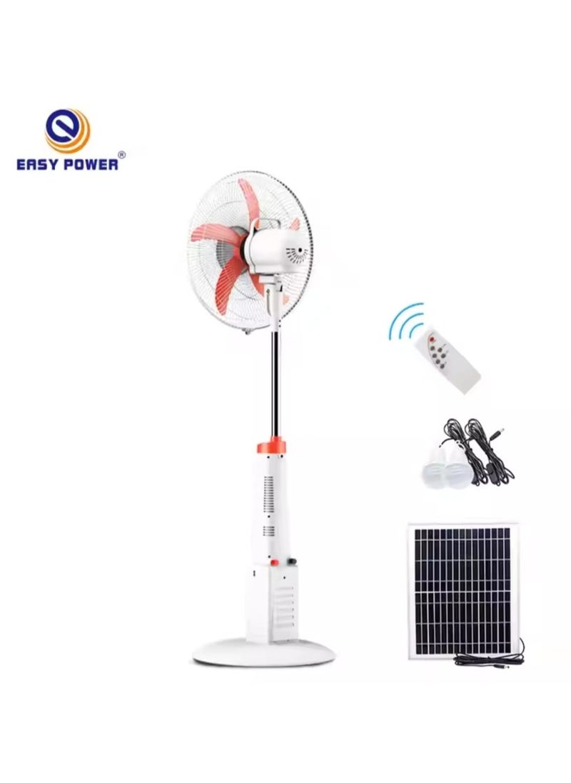 Solar-powered vertical fan with a remote control, with a solar panel, and 2 LED lights, equipped with a giant internal battery and a USB port for charging the phone and various devices.