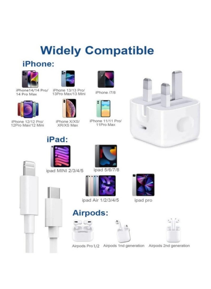 Generic - iPhone 20W Fast Charger | USB C Wall Fast Charger with USB C to Lightning Cable Compatible with iPhone 14/14 Pro/14 Pro Max/13/12/SE2020/11/XR/XS Max/X/iPad - Image 1