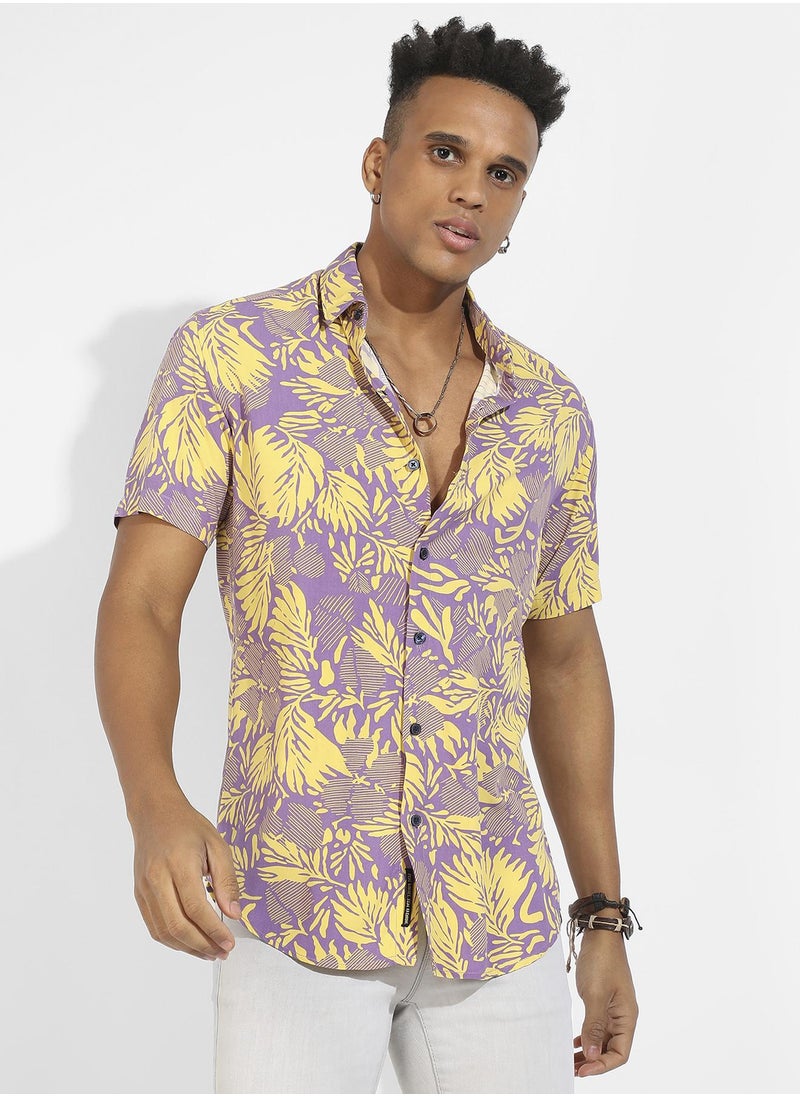 كامبوس سوترا Men's Lavender & Yellow Contrast Foliage Shirt  - Image 2