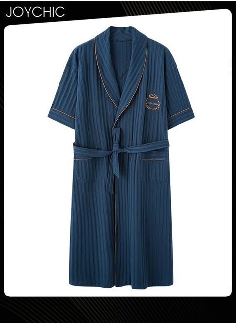 Solid Color Men's Pure Cotton Lapel Pajamas Youth Short-sleeved All-in-one Loose Breathable Sleep Robe with Adjustbale Belt for Spring and Summer Autumn Dark Blue