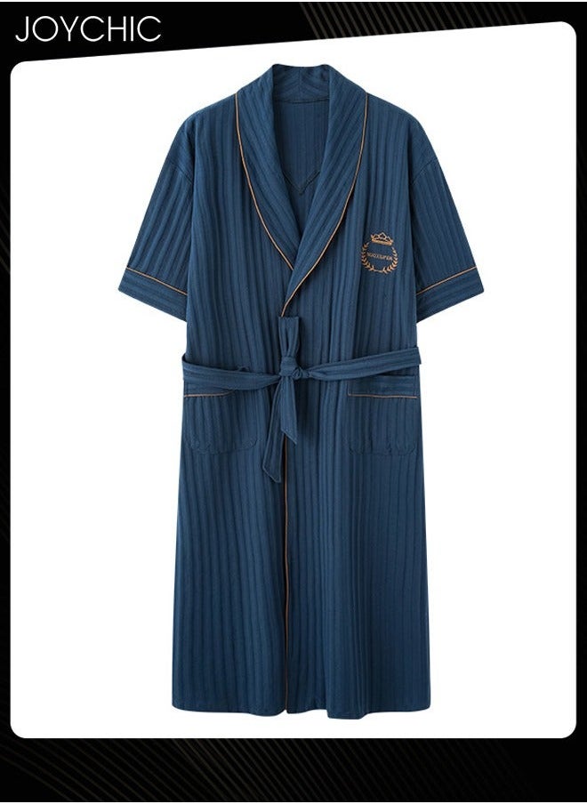 NIBEMINENT - Solid Color Men's Pure Cotton Lapel Pajamas Youth Short-sleeved All-in-one Loose Breathable Sleep Robe with Adjustbale Belt for Spring and Summer Autumn Dark Blue - Image 1