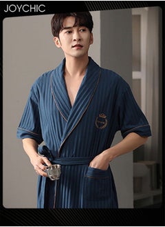 NIBEMINENT Solid Color Men's Pure Cotton Lapel Pajamas Youth Short-sleeved All-in-one Loose Breathable Sleep Robe with Adjustbale Belt for Spring and Summer Autumn Dark Blue  - Image 2
