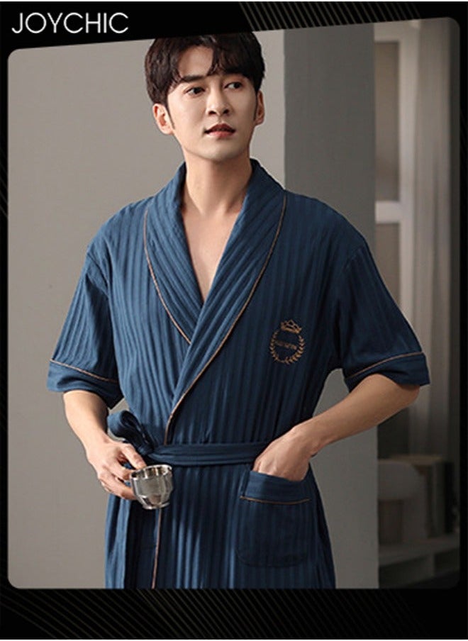 NIBEMINENT - Solid Color Men's Pure Cotton Lapel Pajamas Youth Short-sleeved All-in-one Loose Breathable Sleep Robe with Adjustbale Belt for Spring and Summer Autumn Dark Blue - Image 1