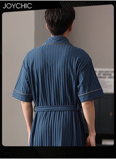NIBEMINENT Solid Color Men's Pure Cotton Lapel Pajamas Youth Short-sleeved All-in-one Loose Breathable Sleep Robe with Adjustbale Belt for Spring and Summer Autumn Dark Blue  - Image 3