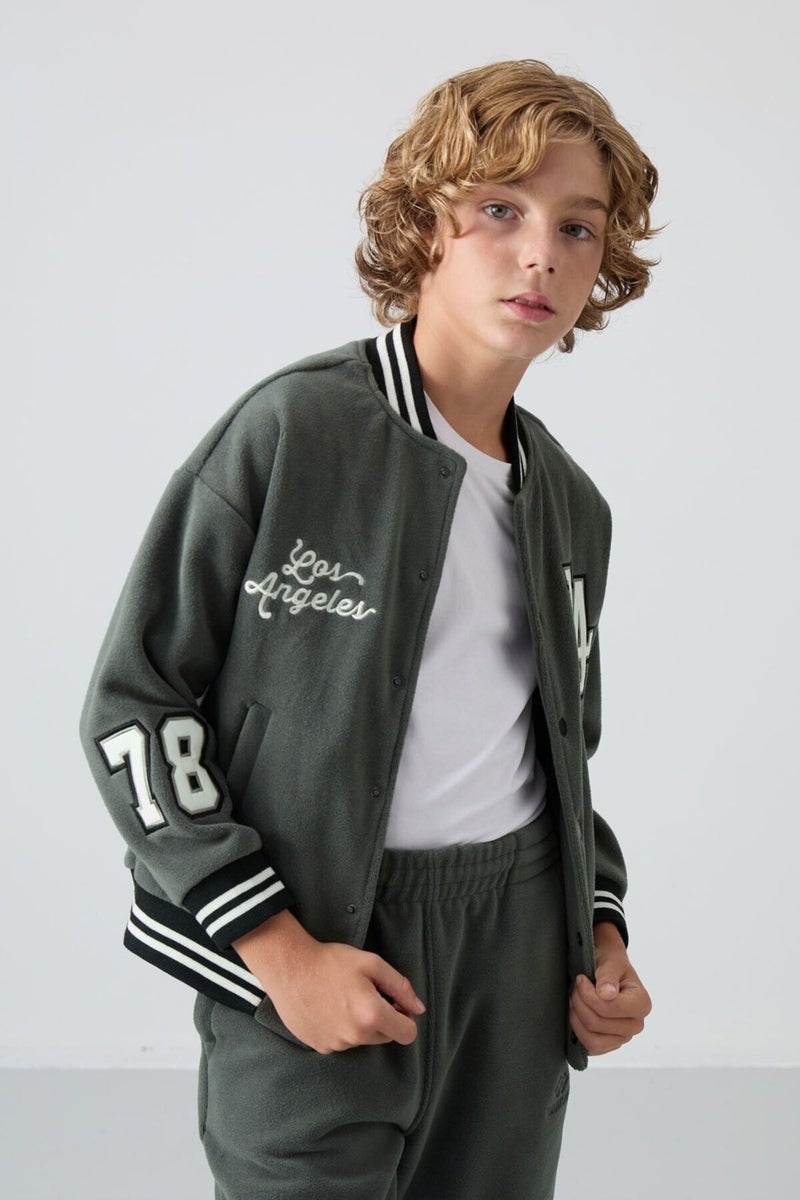 Tommy Life Khaki Thick Soft Texture Standard Fit Embroidered Fleece Boys College Jacket - 11227 - Image 1
