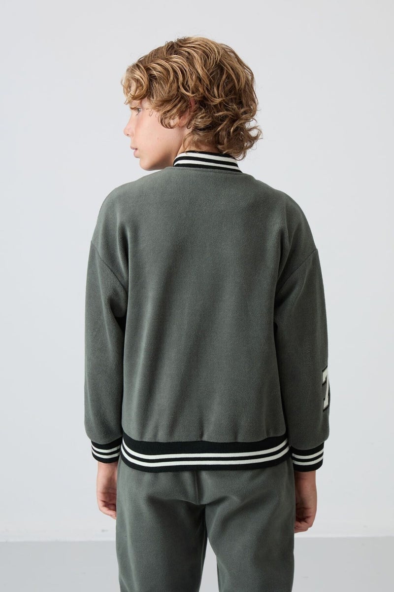 Tommy Life Khaki Thick Soft Texture Standard Fit Embroidered Fleece Boys College Jacket - 11227 - Image 5