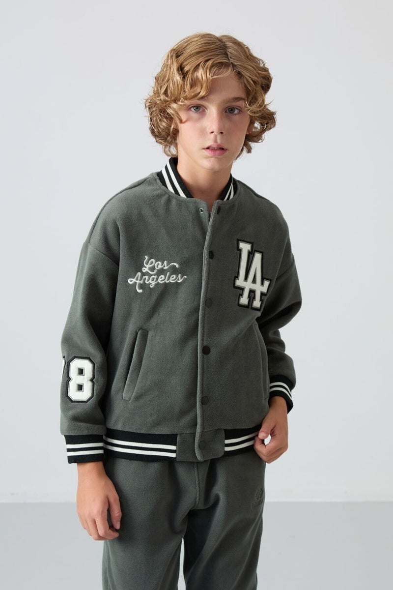 Tommy Life Khaki Thick Soft Texture Standard Fit Embroidered Fleece Boys College Jacket - 11227 - Image 4