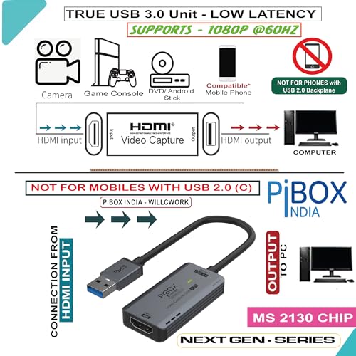 pibox India كابل بطاقة التقاط الفيديو المطور GEN 3 60 FPS، PiBOX INDIA 4K HDMI إلى USB 3.0 MJPEG YUV جهاز التقاط الألعاب من الألمنيوم لنظام Windows وAndroid وMac، HD 1080P 60fps بث مباشر للألعاب، التعليم - 2024 - Image 2