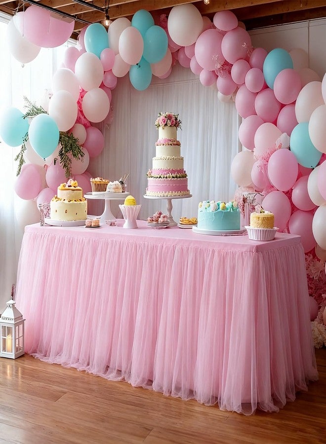 Yoquare 1-Pack Pink 2-in-1 Tulle Tablecloth for 5-Foot Rectangular Table - Stretch Fitted Table Skirt & Cover for Baby Shower, Bridal, Birthday, Princess Party - Image 1