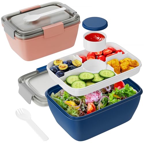 Freshmage Large Salad Container for Lunch, 2 Packs 68oz Salad Bowls with 5 Compartments, Salad Dressings Container for Salad Toppings, Snacks, Men, Women (Pink+Blue) - Image 1