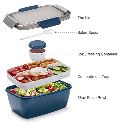 Freshmage Large Salad Container for Lunch, 2 Packs 68oz Salad Bowls with 5 Compartments, Salad Dressings Container for Salad Toppings, Snacks, Men, Women (Pink+Blue) - Image 2