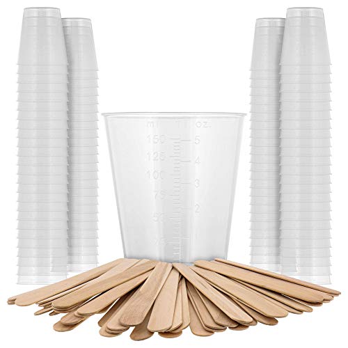 Pouring Masters 5 Ounce 150ml Graduated Plastic Measuring Cups 100 Clear Cups  25 Mixing Sticks  For Acrylic Paint Resin Epoxy Art Kitchen Cooking Medicine Laboratory  OZ ML Measurements