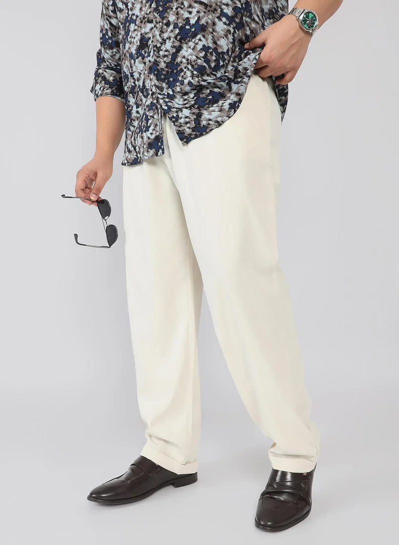 Men Pleated-Twill Tailored Trousers | Mid-Rise , Side Elasticated Stretch | Button Closure , Cuffed-Straight Hem | Solid Twill | Woven Fabric For Casual & Office Wear | Cloud White