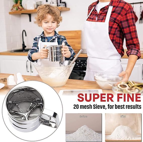 SUNNIFA Popular Flour Sifter Stainless Steel Hand Held Sifter Cup Sugar Powder Sifter Powder Sifter Fine One Hand Easy to Use Convenient SemiAutomatic Flour Sifter Cup Cookware Tool for Home Kitchen - Image 4