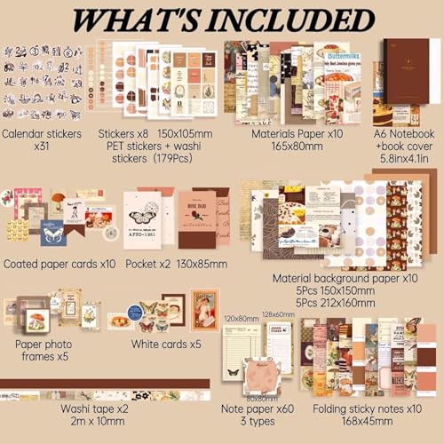 Niwlix Vintage Scrapbook Kit, 346 Pcs, A6 Grid Notebook, Scrapbook/Background Papers, Folding Labels, Envelopes, Washi, Photo Frames, Calendar Stickers, DIY Gift Journaling Kit for Teen Girl Women - Image 2