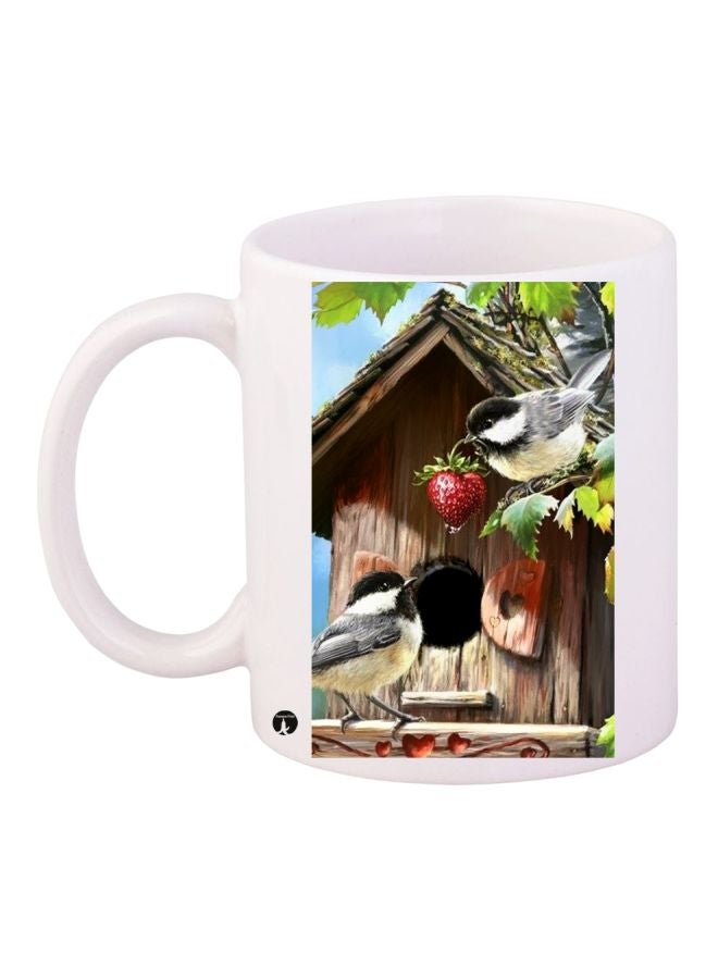 RYN Bird Printed Coffee Mug White/Brown/Green 11ounce