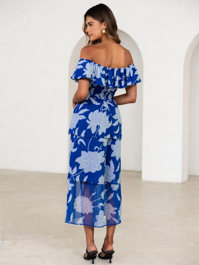Simplee Womens Wedding Guest Dress Summer Layered Casual Cocktail Bridesmaid Square Neck Ruched Elegant Ruffle Beach Vacation Long Dresses(Blue-2 S) - Image 4