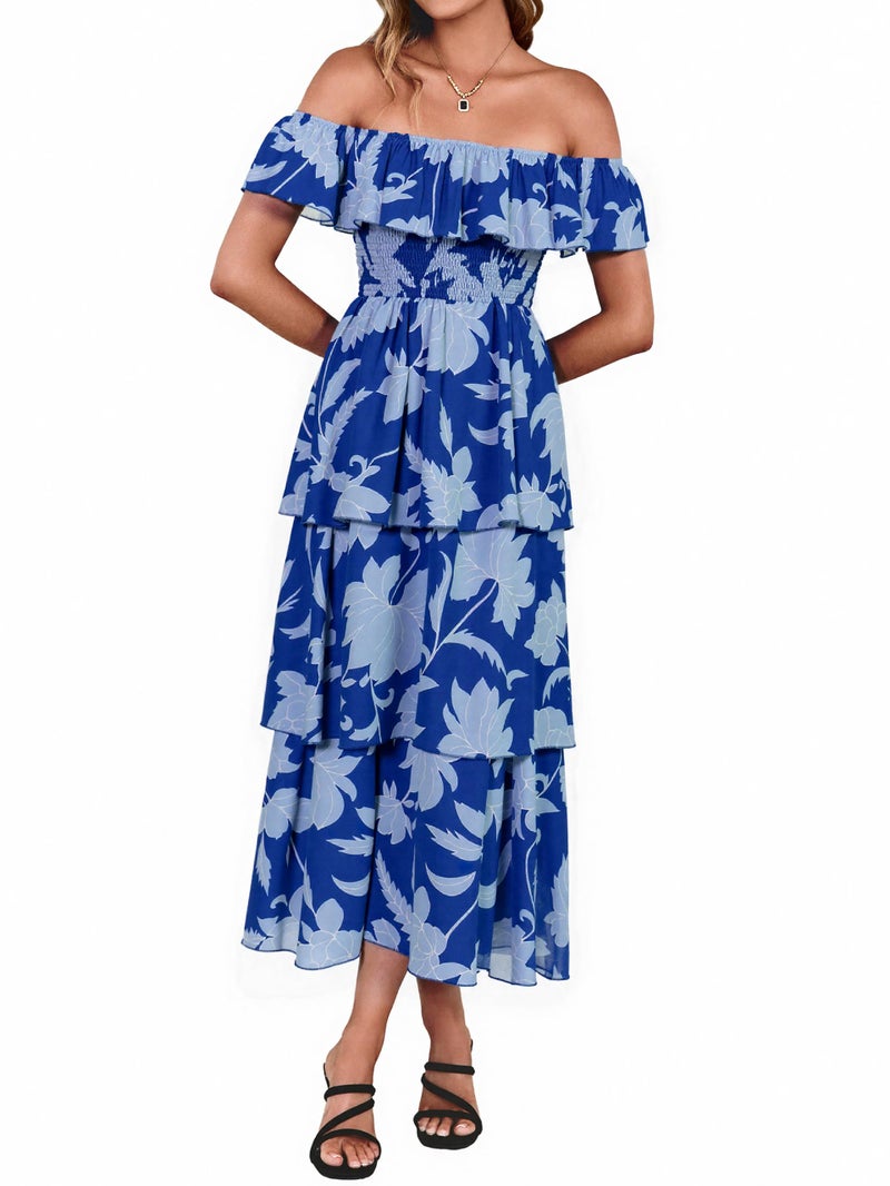 Simplee Womens Wedding Guest Dress Summer Layered Casual Cocktail Bridesmaid Square Neck Ruched Elegant Ruffle Beach Vacation Long Dresses(Blue-2 S) - Image 1
