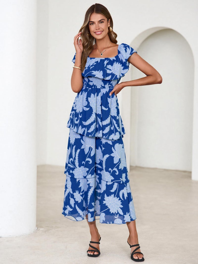 Simplee Womens Wedding Guest Dress Summer Layered Casual Cocktail Bridesmaid Square Neck Ruched Elegant Ruffle Beach Vacation Long Dresses(Blue-2 S) - Image 3