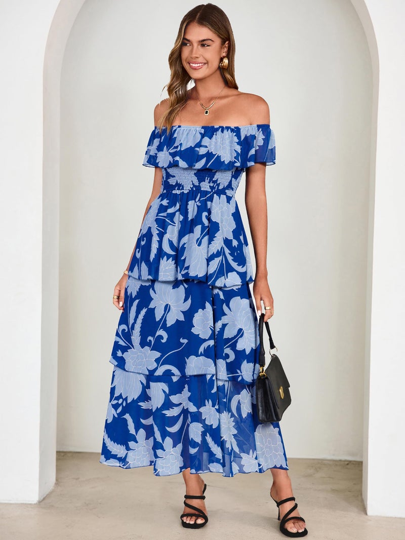 Simplee Womens Wedding Guest Dress Summer Layered Casual Cocktail Bridesmaid Square Neck Ruched Elegant Ruffle Beach Vacation Long Dresses(Blue-2 S) - Image 5