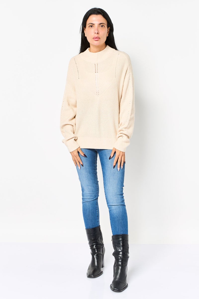 SELECTED Women Mock Neck Knitted Sweater, Beige - Image 2