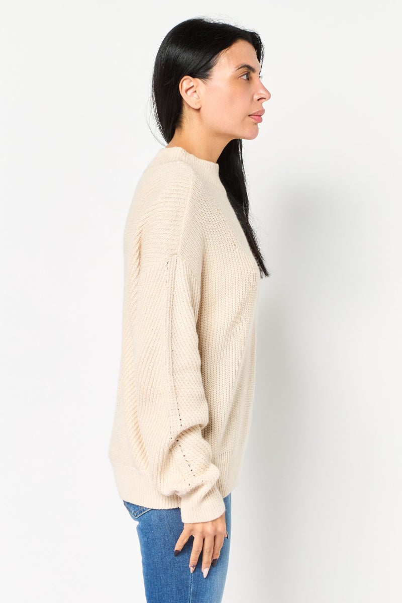 SELECTED Women Mock Neck Knitted Sweater, Beige - Image 3