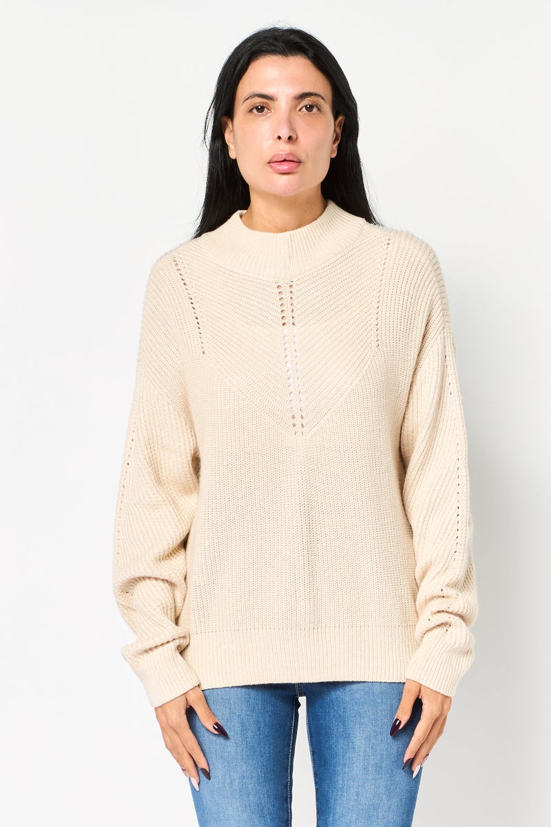 SELECTED Women Mock Neck Knitted Sweater, Beige - Image 1