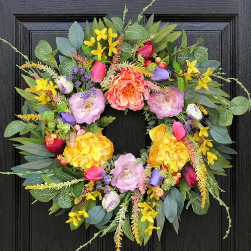 Chrisxiao 24 Inch Spring Summer Wreath for Front Door, Eucalyptus Wreaths with Peony, Tulip & Eucalyptus Leaves,Summer Wreath for Home Farmhouse, Outdoor, Porch, Wall Window Decor All Year Round - Image 1
