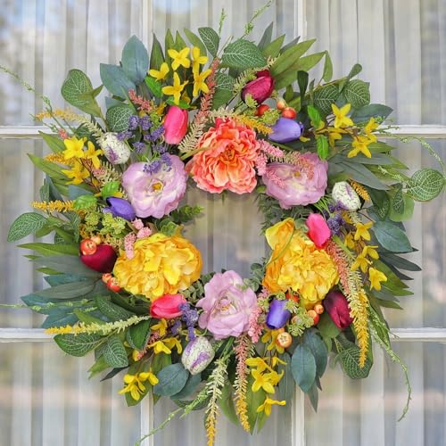 Chrisxiao 24 Inch Spring Summer Wreath for Front Door, Eucalyptus Wreaths with Peony, Tulip & Eucalyptus Leaves,Summer Wreath for Home Farmhouse, Outdoor, Porch, Wall Window Decor All Year Round - Image 4