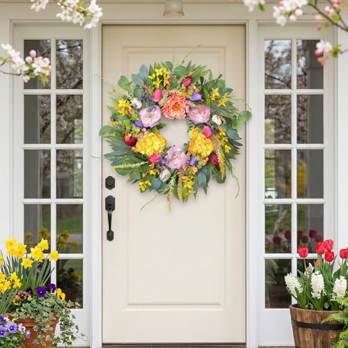 Chrisxiao 24 Inch Spring Summer Wreath for Front Door, Eucalyptus Wreaths with Peony, Tulip & Eucalyptus Leaves,Summer Wreath for Home Farmhouse, Outdoor, Porch, Wall Window Decor All Year Round - Image 3