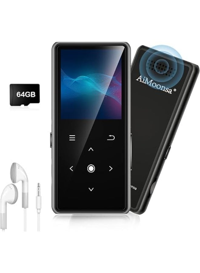 مشغل MP3 سعة 64 جيجابايت مع بلوتوث 5.2، مشغل موسيقى بمكبر صوت عالي الدقة، راديو FM، مسجل صوت، صوت عالي الفوعة HiFi، وظيفة الكتب الإلكترونية، مع سماعات أذن مرفقة - Image 1
