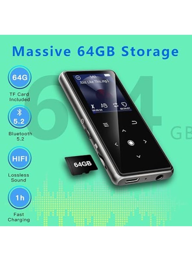 مشغل MP3 سعة 64 جيجابايت مع بلوتوث 5.2، مشغل موسيقى بمكبر صوت عالي الدقة، راديو FM، مسجل صوت، صوت عالي الفوعة HiFi، وظيفة الكتب الإلكترونية، مع سماعات أذن مرفقة - Image 3