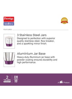 PRESTIGE Prestige Nakshatra V2 550W Mixer Grinder with 3 Stainless Steel Jars(Purple, Dome Lid, Aluminium Jar Base)  - Image 5