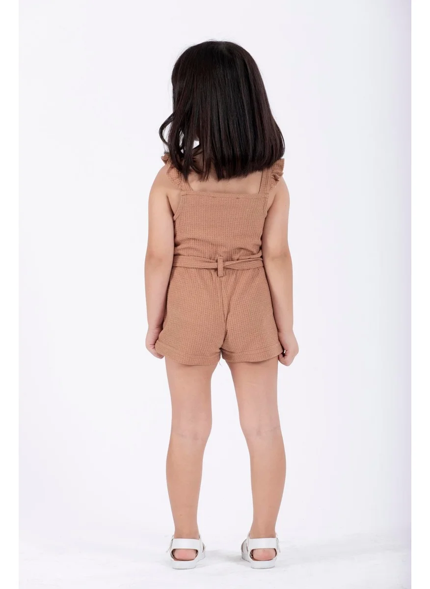 Zepkids Square Collar Strap Sleeve Ruffle Detailed Mink Color Girl's Overalls