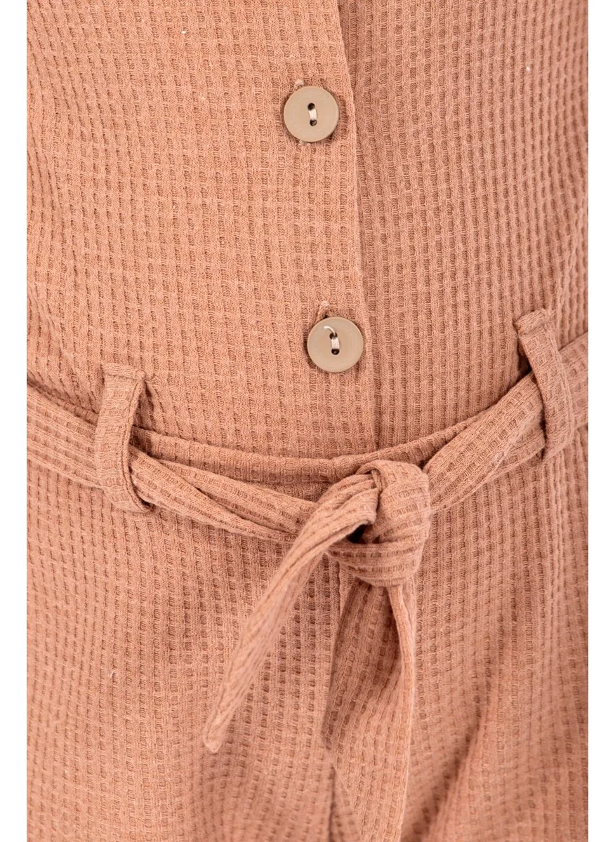 Zepkids Square Collar Strap Sleeve Ruffle Detailed Mink Color Girl's Overalls