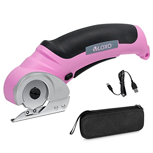 VLOXO Cordless Electric Scissors, Cardboard Cutter with Safety Lock 4.2V Electric Mini Cutter Power Rotary Scissors for Leather Felt Rug Box with Storage Box Pink - Image 1