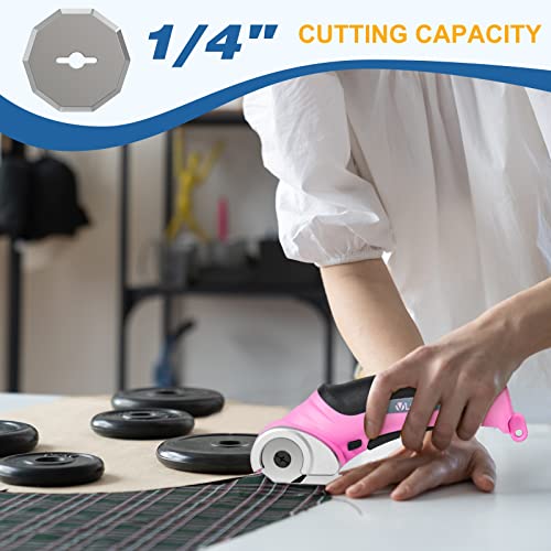 VLOXO Cordless Electric Scissors, Cardboard Cutter with Safety Lock 4.2V Electric Mini Cutter Power Rotary Scissors for Leather Felt Rug Box with Storage Box Pink - Image 2