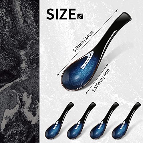 Geiserailie 4 Pieces Asian Ceramic Soup Spoons Set Long Handle Chinese Spoons Retro Blue Japanese Ramen Bowl Soup Spoon Suitable for Gravy, Cake, Oatmeal, Dumplings - Image 3